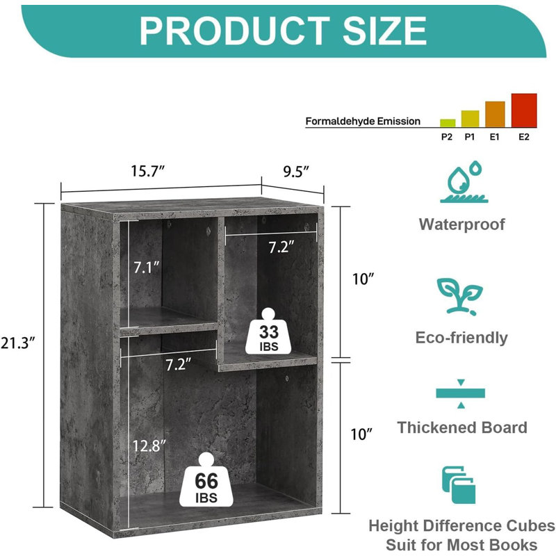 3 Cube Bookcase, Modern Storage for Standard Textbooks, Vertical or Horizontal, Easy to Assemble, Gray
