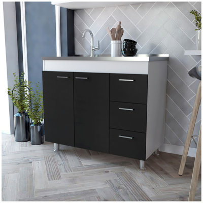 Armoire Ferretti, trois tiroirs, double porte, quatre pieds - blanc / noir