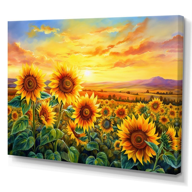 Sunflowers Burning Sunset - Tournesols, reproductions encadrées, H 16 po x l 32 po x P 1 po, Toile tendue
