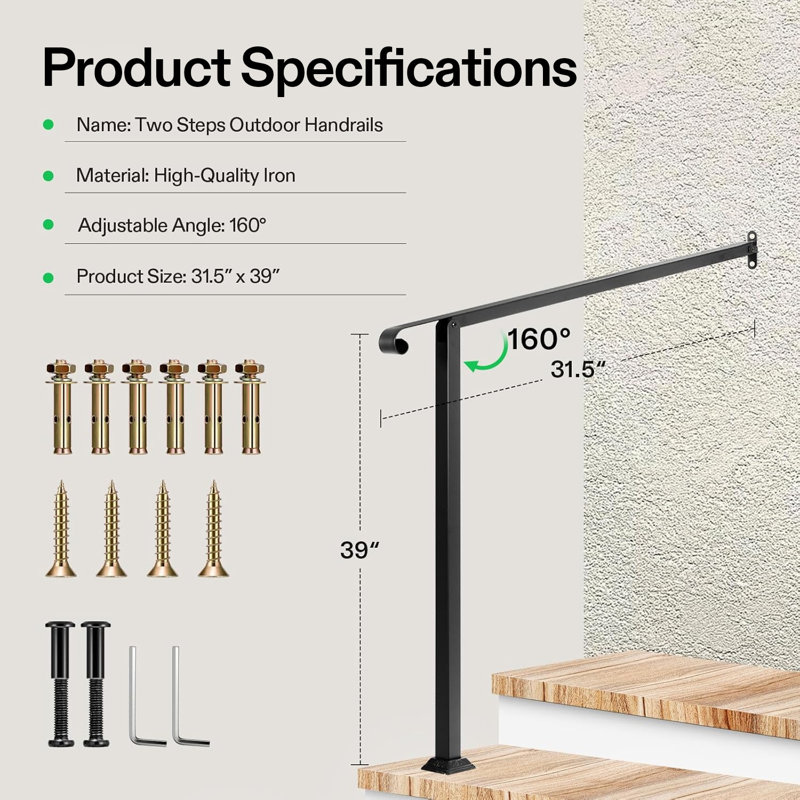 Rampe d'escalier 2 marches en fer forgé mat avec une extrémité courbée, H 39 po x l 31,5 po x P 31,5 po