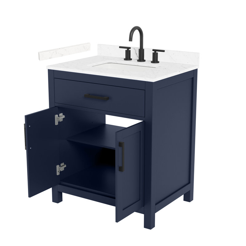 Meuble-lavabo simple 30 po Beckett, Bleu foncé avec bordure noir mat, Comptoir en marbre de culture de Carrare