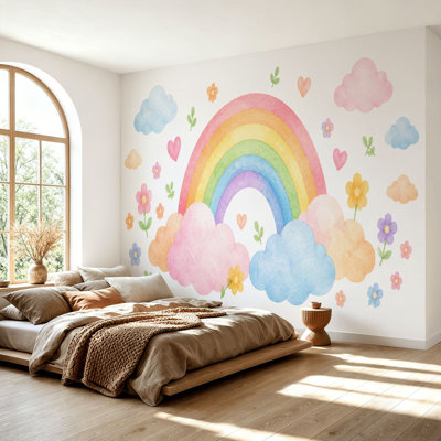 Wall Mural Peel and Stick Colorful Rainbow Soft Clouds Whimsical Flowers Large Wallpaper Self-Adhesive Removable Contact Paper Wall Decor for Living Room Bedroom Nursery 69"H x 96"W
