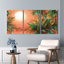 Feuilles tropicales et coucher de soleil, reproduction d'art sur toile tendue sur toile, ensemble de 3