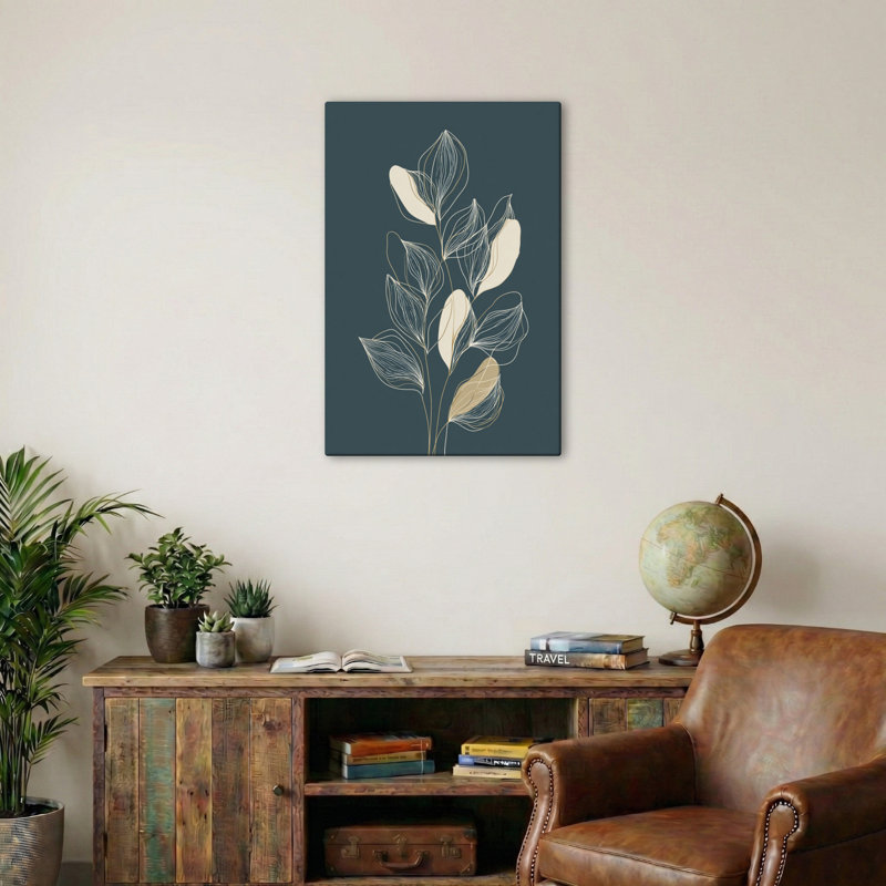 Nordic Minimalist Botanical Linework Wall Art Home Decor, Elegant Stems In Deep Teal And Warm Beige On Wrapped Canvas, Premium Canvas Print - Wrapped Canvas Print