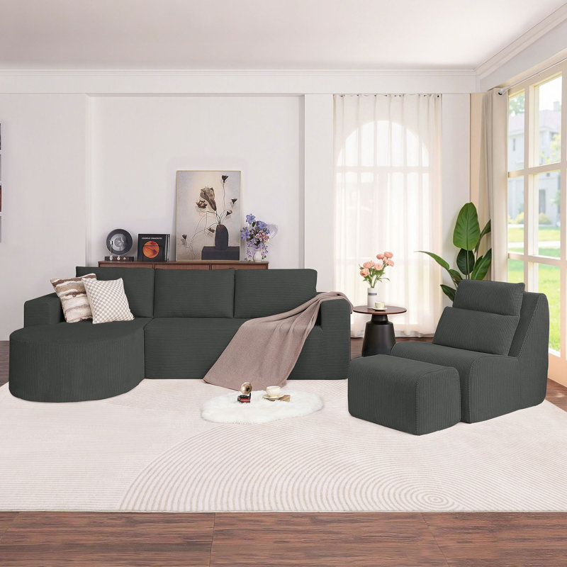 Ensemble de canapé modulaire en velours côtelé à compression en L 104,92 po avec méridienne à compression et repose-pieds