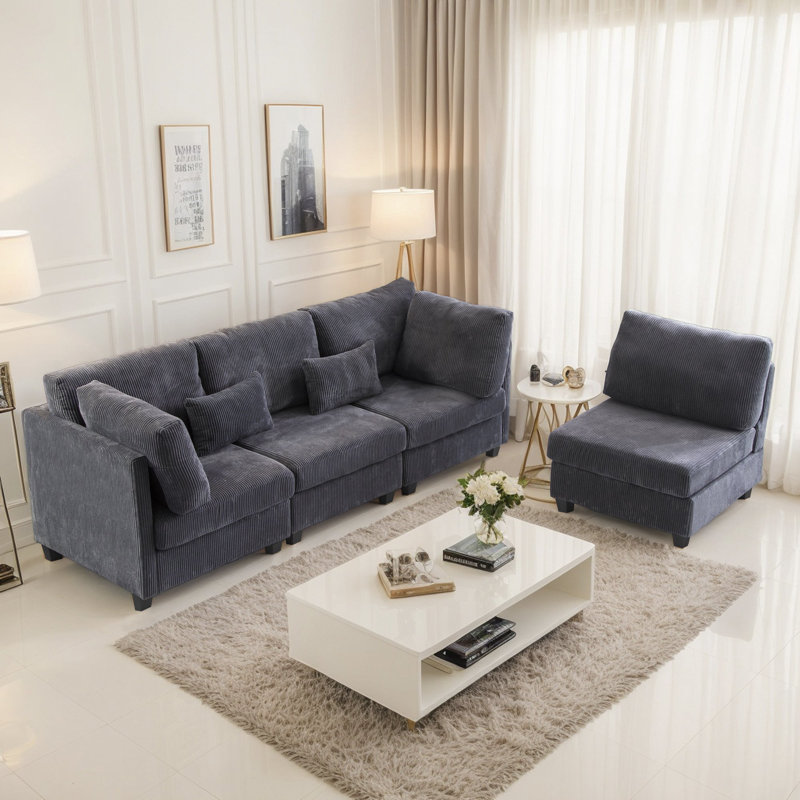 Canapé modulaire 126 po en velours côtelé, Gris