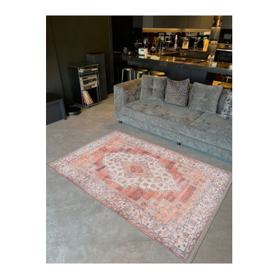 Machine Washable  Orange Toned Traditional Pattern Patterned Vintage Decorative Rug