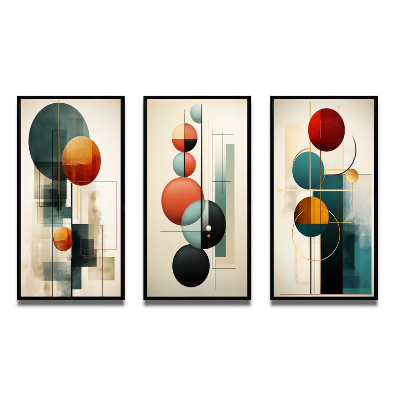 «Rising With The New Moon Geometrics Retro Blue», 3 pièces, H 32 po x l 48 po, Cadre flottant noir
