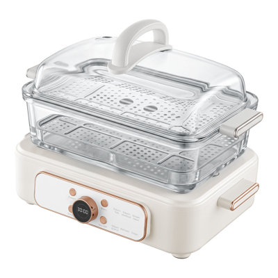 Electric Food Steamer 6.3 QT Glass with 2-Tier Stainless Steel Trays, 1200W Vegetable Steamer for Cooking, 1-3 Servings, Pre-Programmed Settings, Delay Start, for Veggies, Seafood & Rice, White