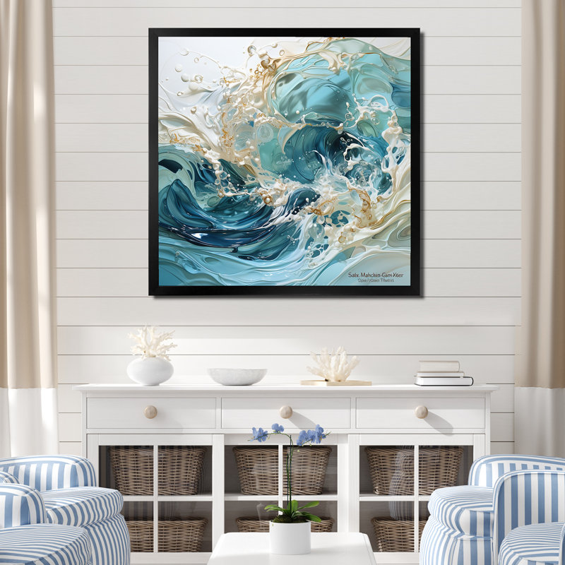 «Ocean Charm», art de vague liquide, H 24 po x l 24 po x P 1 po, Cadre simple noir