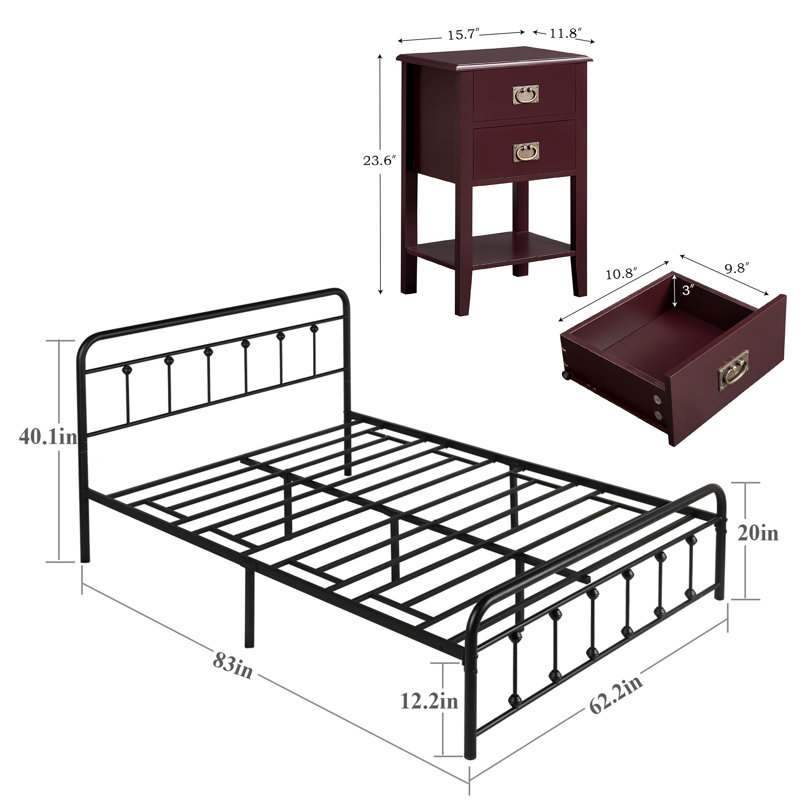 Ensemble de chambre à coucher avec lit plateforme et table de chevet 3 pièces Miramontes, Marron, Grand