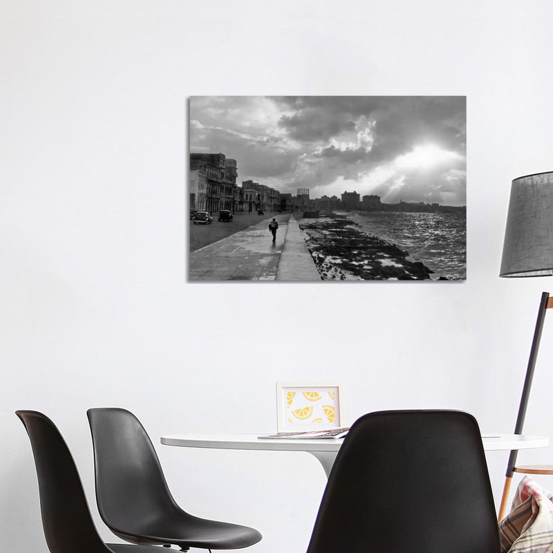 1930s-1940s Anonymous Silhouetted Man Walking Along Havana Sea Sunset Cuba 1 Piece Wrapped Canvas Wall Art