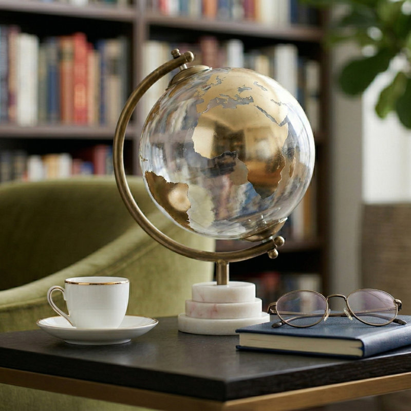 Sculpture globe décoratif en verre avec base en marbre pour décoration intérieure - carte moderne en métal pour le salon ou le bureau - 13 po, brun