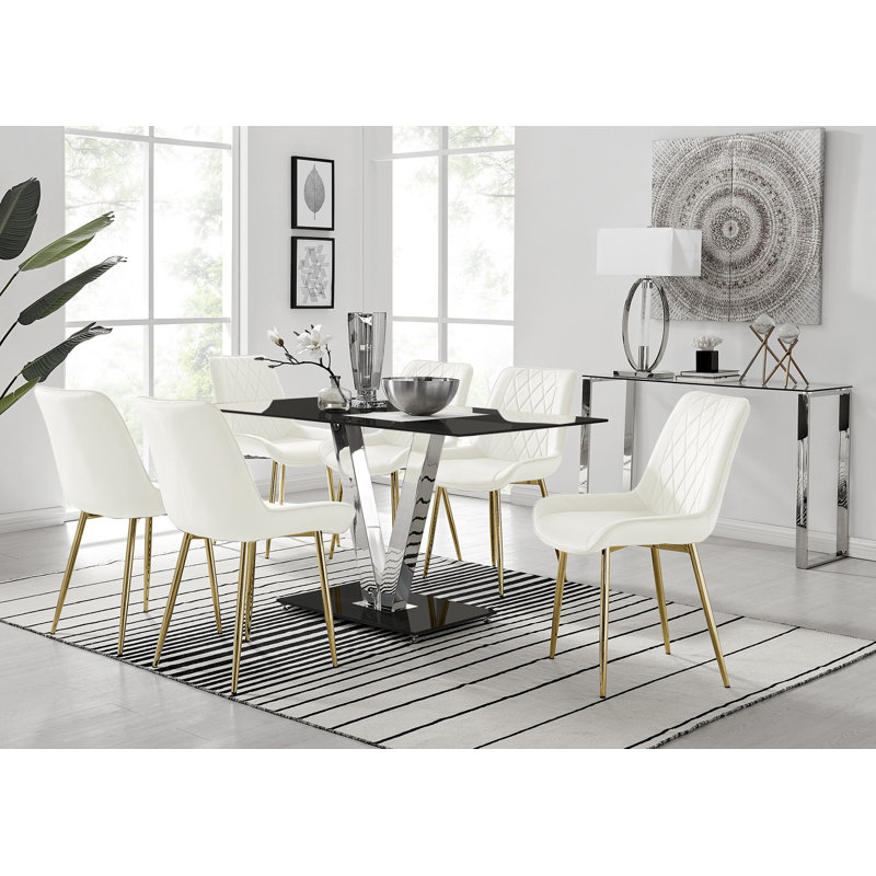 Ransart Modern Luxury Glass & Metal Dining Table Set With 6 Luxury Velvet Dining Chairs, Cream/Gold