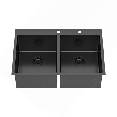 Évier de cuisine profond à double cuve encastré, en métal noir canon de fusil, 33 po x 22 po x 10 po, calibre 16