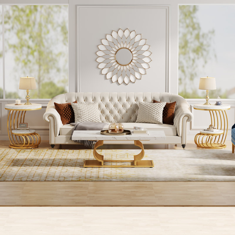 2-Tier Round End Side Table Set, White, Gold
