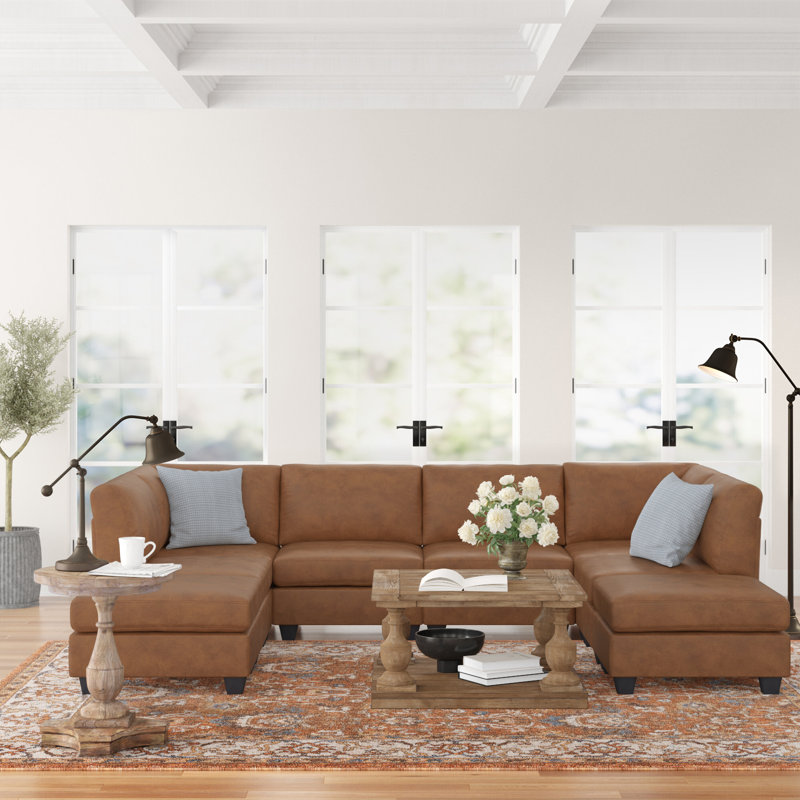 Canapé modulaire en similicuir de 120 po avec repose-pieds Barnwell, Gingembre, Square
