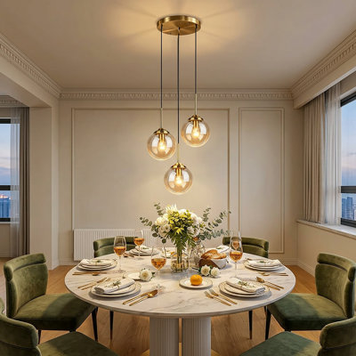 Modern 3-Light Pendant Chandelier  Amber Glass Hanging Ceiling Light with Adjustable Cords & 3 Color Temperatures for Dining Room, Kitchen Island, and Entryway