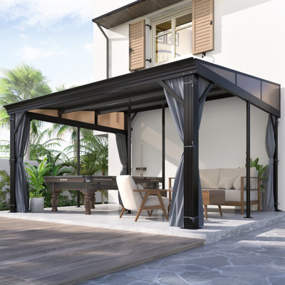 Gazebo d'extérieur en acier rigide de 4,27 m de large x 3,66 m de profondeur, structure murale en aluminium avec toit en pente