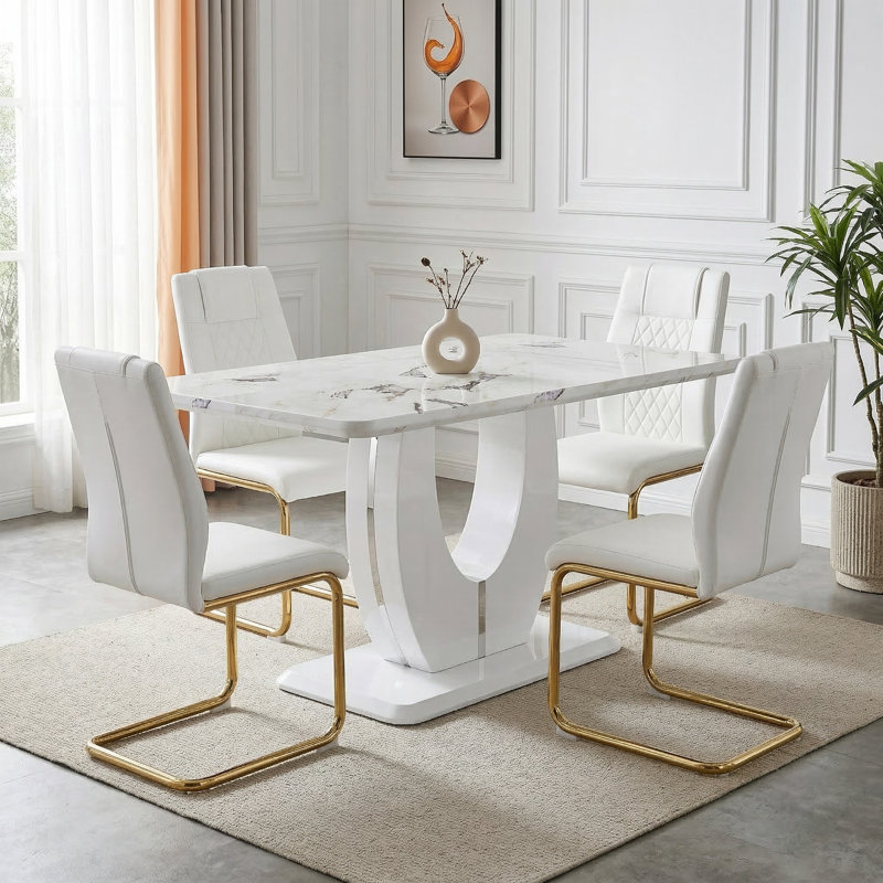 Ensemble de salle à manger à piédestal moderne Jeanlouis, 5 pièces: table, 4 chaises, Blanc, Gold