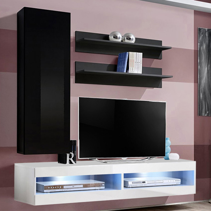 Lollis 63" Modern Floating Wall Mounted Entertainment Center with 16-Color LED Lighting, High Gloss Finish, Black/White