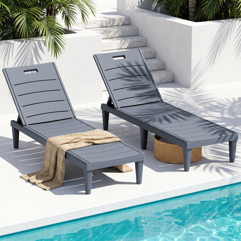 Set Of 2 Resin Outdoor Chaise Lounge Chairs With 5 Adjustable Positions, Waterproof & Tool-Free Assembly For Patio Poolside