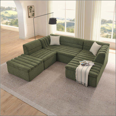 Canapé modulaire en forme de U avec méridienne et repose-pieds mobile pour le salon, canapé en chenille sans os avec accoudoirs en forme de vague, sans oreillers inclus