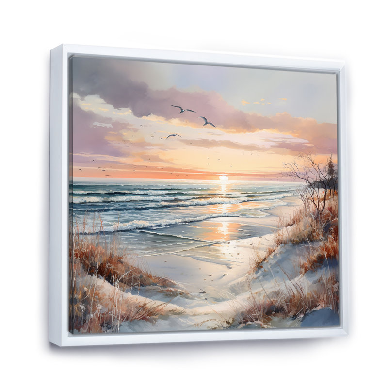 «Beach Sunset Charm In Winter II», reproduction sur toile, Cadre flottant blanc, 36" H x 36" W