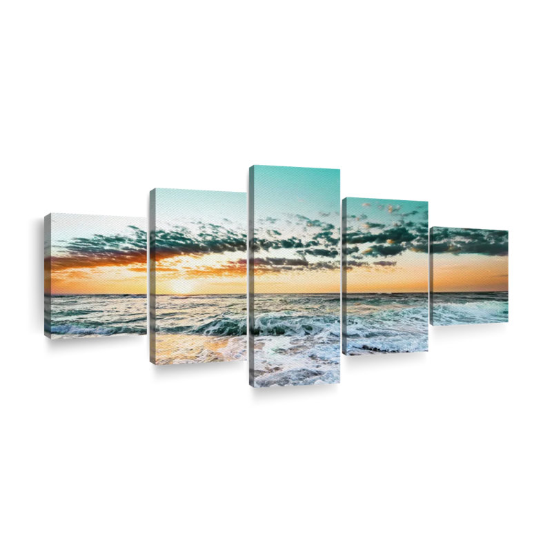 Couchers de plage et levers de soleil rétro plage de Cancun 5 pièces, H 30 po x l 68 po x P 1,25 po