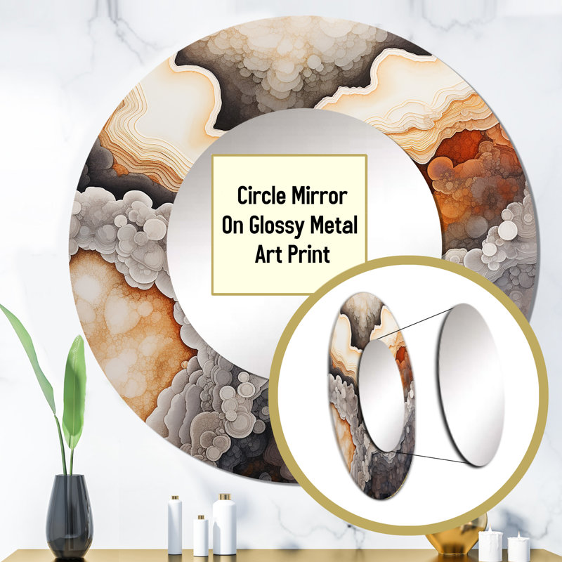 Stone Geode Scenery Minimalism III - Stone Geode Large Mirror, Beige Round Unique Wall Mirror Decor, Printed Metal Art