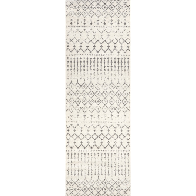 Giannini Geometric Moroccan Area Rug in Gray/ Off White, Runner 2'6" x 18'