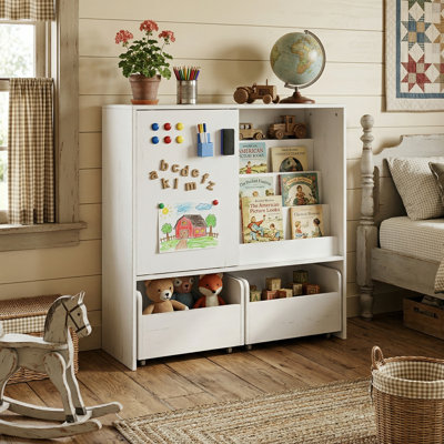 3-In-1 Kids Bookcase With Sliding Door & Rolling Toy Bins