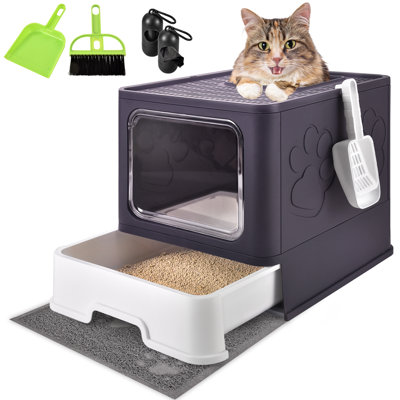 Extra Large Cat Litter Box With Mat, Plastic Standard Enclosed Litter Box , One-Way/ Free In& Out