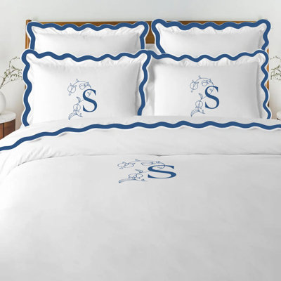 Monogram 400TC Applique Scalloped Embroidery Cotton Duvet Cover Set