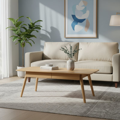 Table basse avec tiroirs de rangement, 100% bois massif (couleur bois naturel), peut être utilisée comme bureau à domicile, facile à assembler