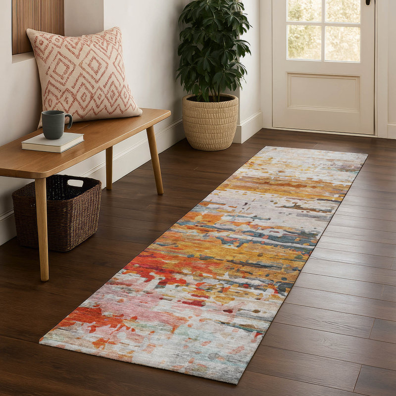 Premium Machine Washable Mayfield AMF2034 Abstract Rug, 2'3" x 7'6" Runner, Terracotta