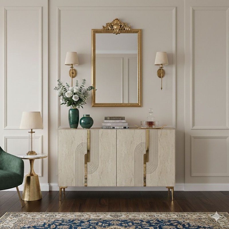 Console, Blanc / Traverti / Or