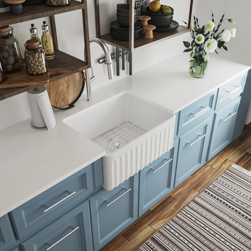 Perch 60cm L X 45cm W Single Bowl Farmhouse/Apron Kitchen Sink with Sink Grid and Basket Strainer