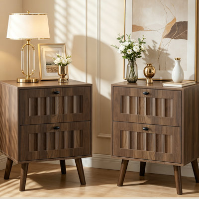 Mid-Century Modern Double-Drawer Nightstand Set of 2, Solid Wood Leg Bedroom Side Table, Walnut Finish