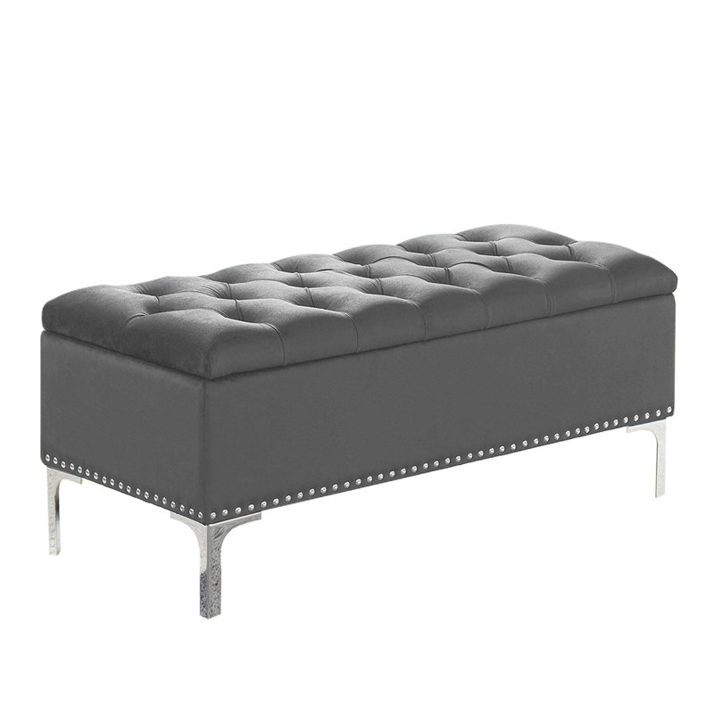Marijona Gray Velvet Storage Bench With Metal Legs