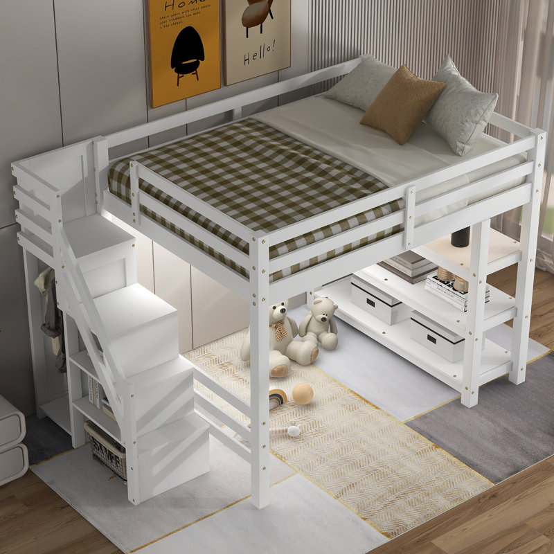 Lit mezzanine avec tablettes, escalier de rangement, petite armoire et lumière DEL blanche, blanc, Double
