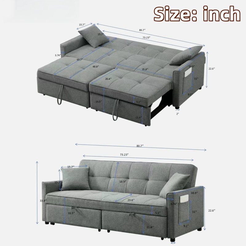 3 In 1 Convertible Sleeper Sofa Bed With Reclining Backrest, Pillows And Side Pockets, Gray