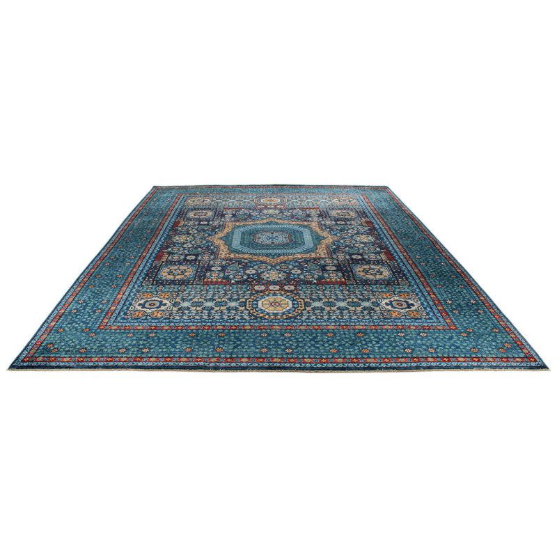 Tapis tribal turc bleu marine et vert, Rectangle 9 pi 1 po x 11 pi 11 po