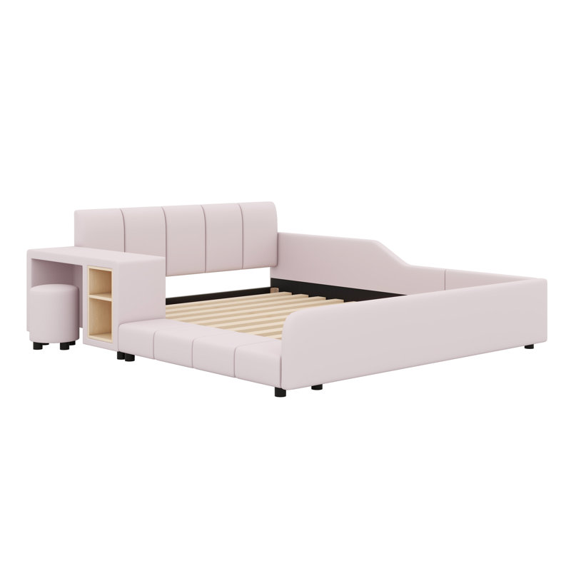 Upholstered Grounded Bed, Mother & Child Bed With Bedside Desk And Little Round Stool, Pink, Queen