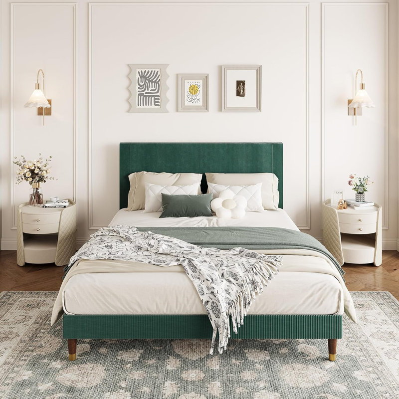 Queen Upholstered Platform Bed Frame, Fabric Headboard, Metal Frame with Wooden Slats, Modern Bedroom Use ,Dark Green, Queen