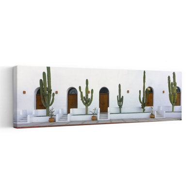 Vue des plantes de cactus Cardon à l'extérieur d'un bâtiment, Todos Santos, Baja California Sur, Mexique, abstrait, architecture de cactus contemporain, paysage mural ...