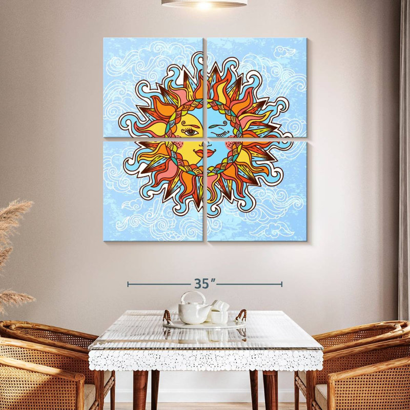 Caricature de soleil boho et de lune, H 45 po x l 45 po