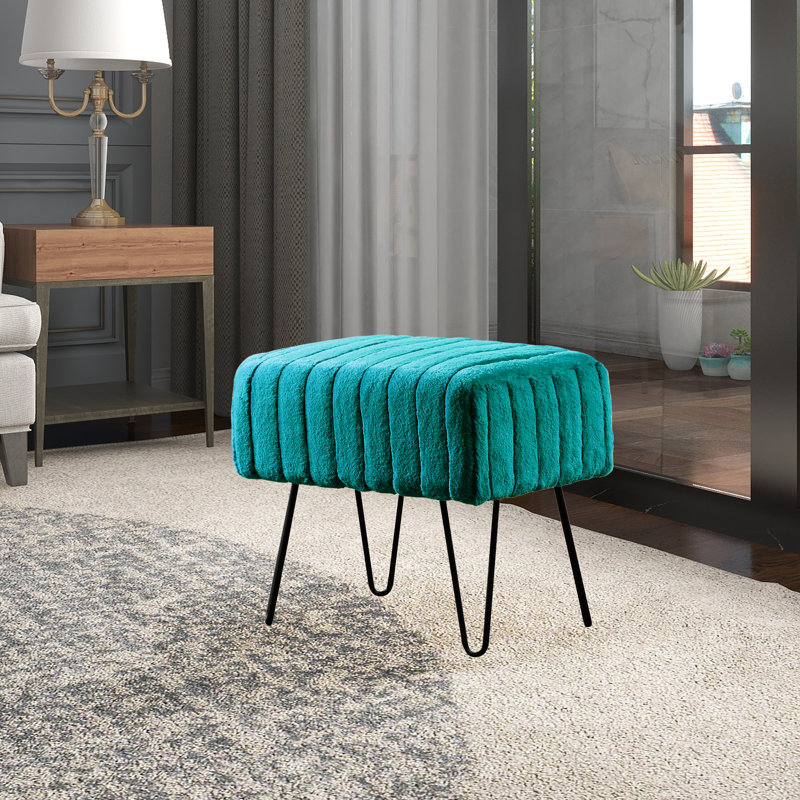 Defranco Upholstered Ottoman, Tile Blue Faux Fur