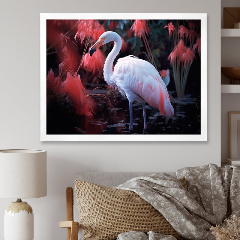 «White Flamingo Paradise III», reproduction sur toile, Cadre simple blanc, H 34 po x l 44 po x P 1,5 po