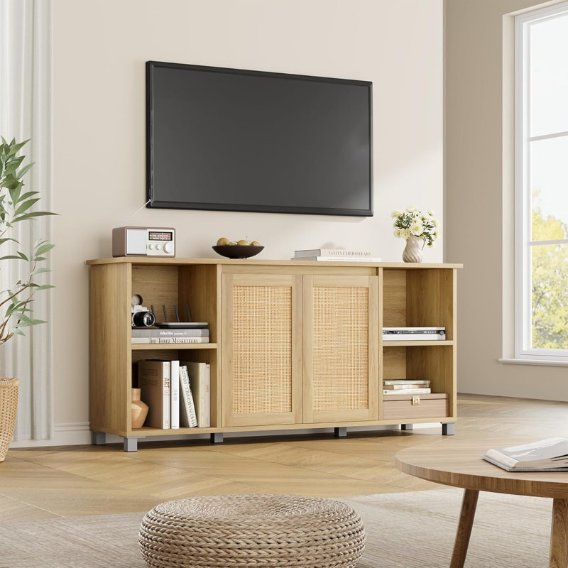  Boho Media Console - Rustic Rattan TV Stand for 70" TVs, Natural Wood Entertainment Center with Storage